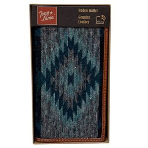 Tony Lama Men's Blue Leather‎ Southwestern Aztec Design RFID Rodeo Wallet NIB